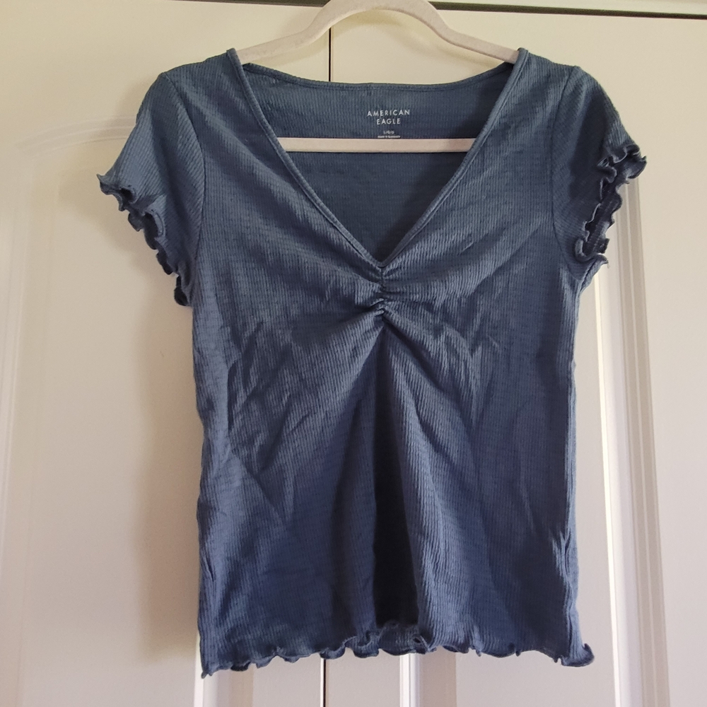 American Eagle Outfitters Blue Short Sleeve Ribbed V-Neck Tee